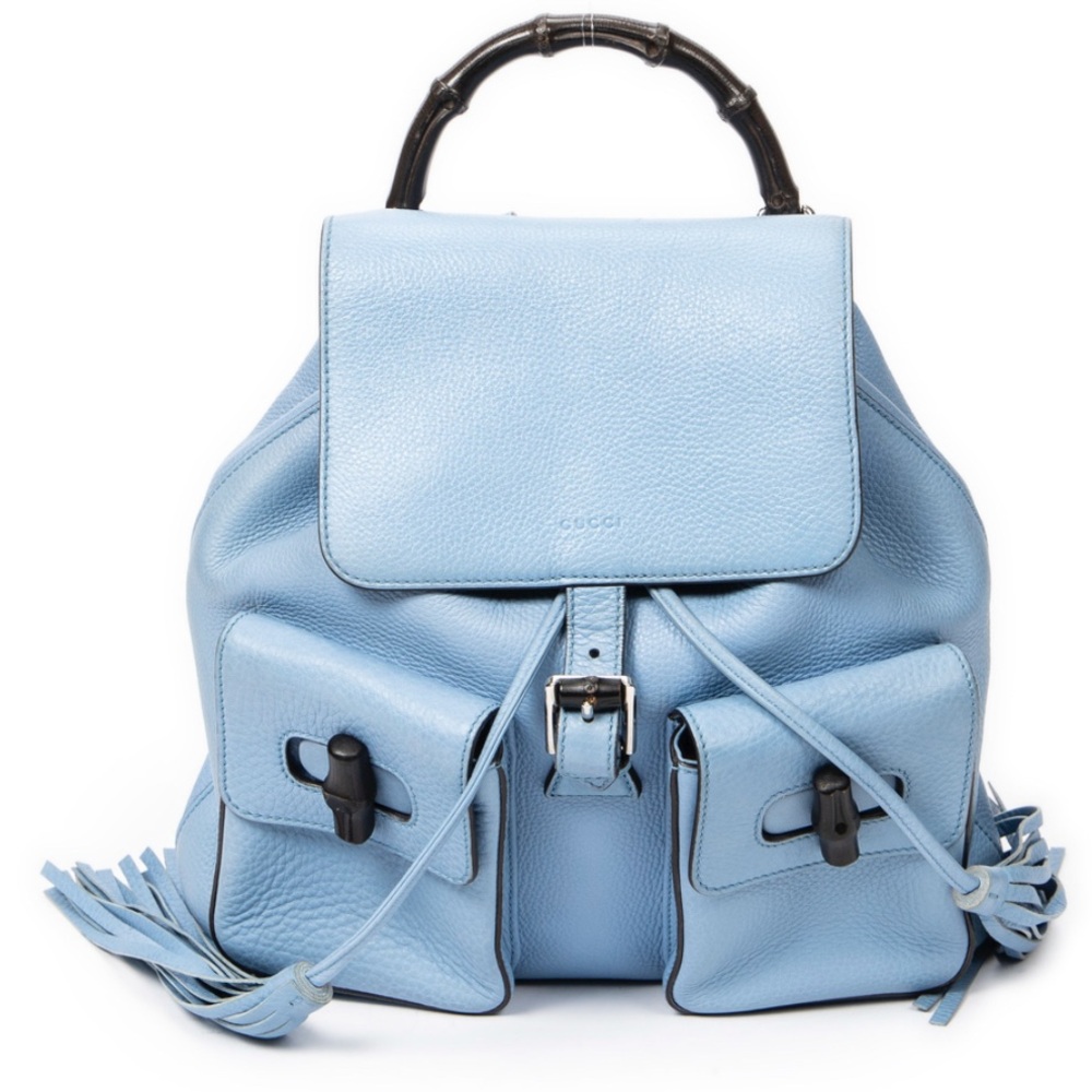 Gucci Light Blue Leather Backpack with Bamboo Handle